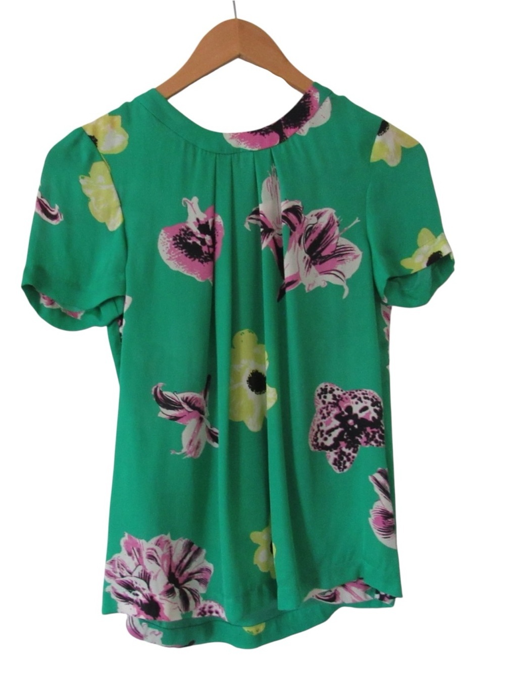 J Crew Punk Floral Blouse 00 Green Silk Short Sleeves Back Cutout Pleated Preppy